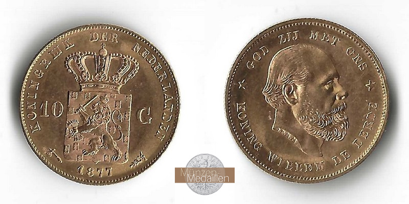 Niederlande MM-Franfkurt Feingold: 6,06g 10 Gulden 1877 