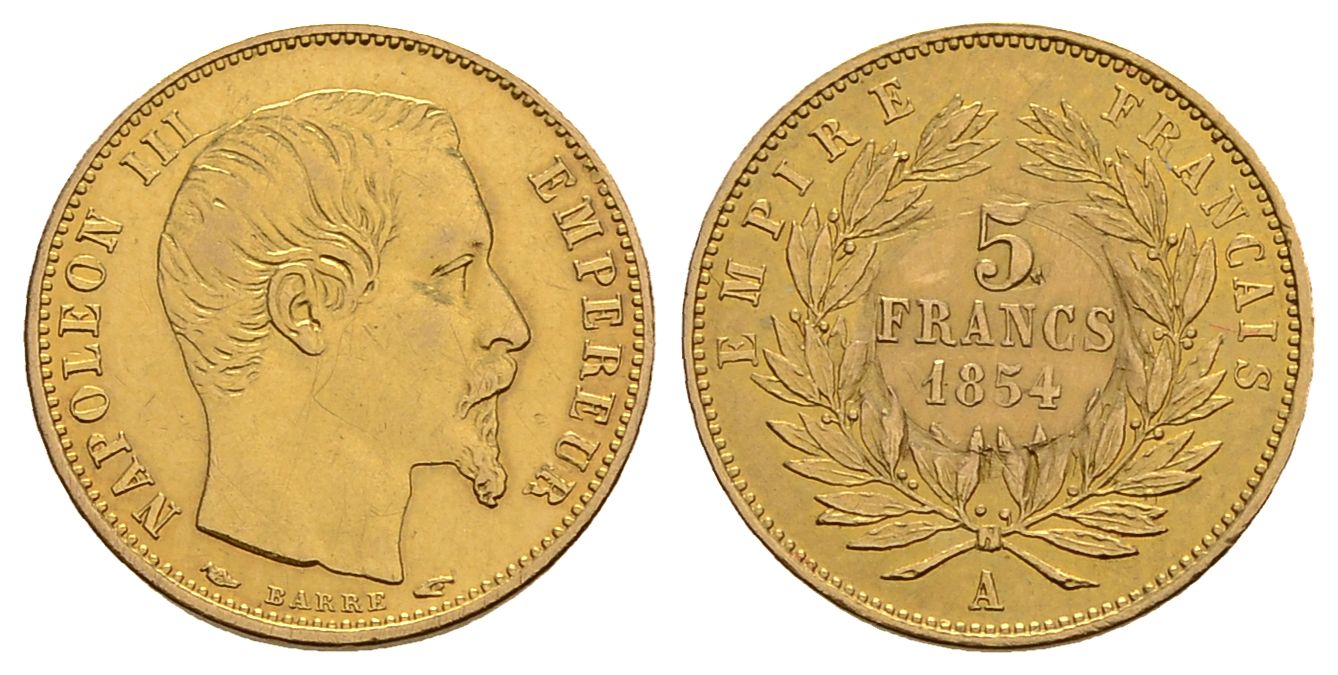 PEUS 4065 Frankreich 1,45 g Feingold. Napoleon III. (1852 - 1870) 5 Francs GOLD 1854 A Paris Fassungsspuren, Sehr schön