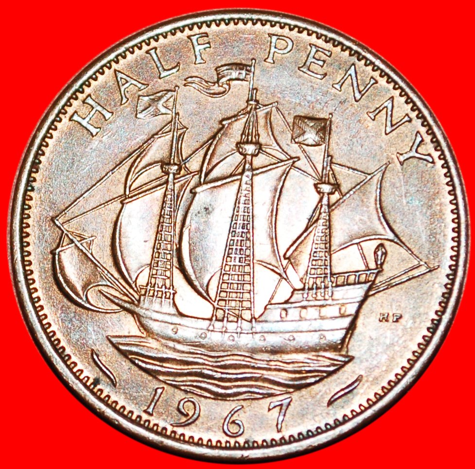  · SCHIFF ~ SCHMALE FELGE: GROSSBRITANNIEN ★ 1/2 PENNY 1967 STG STEMPELGLANZ! OHNE VORBEHALT!   