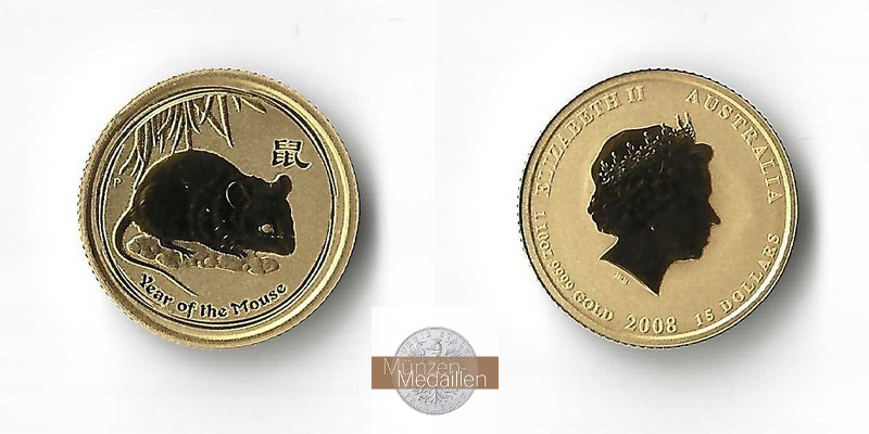 Australien  15 Dollar MM-Frankfurt Feingold: 3,11 Jahr der Maus 2008 