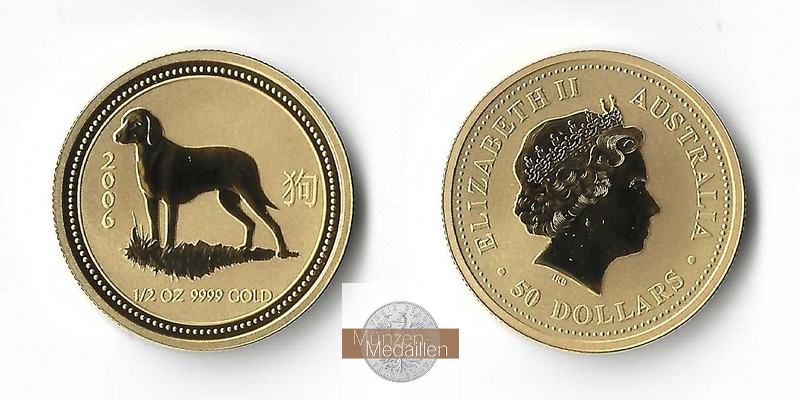 Australien 50 Dollar MM-Frankfurt Feingold: 15,55g Jahr des Hundes 2006 