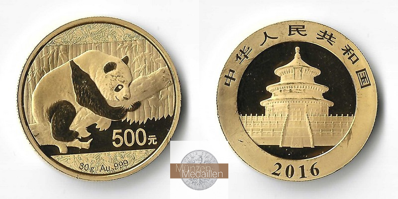 China  500 Yuan MM-Frankfurt Feingold: 30g Panda auf dem Baum 2016 