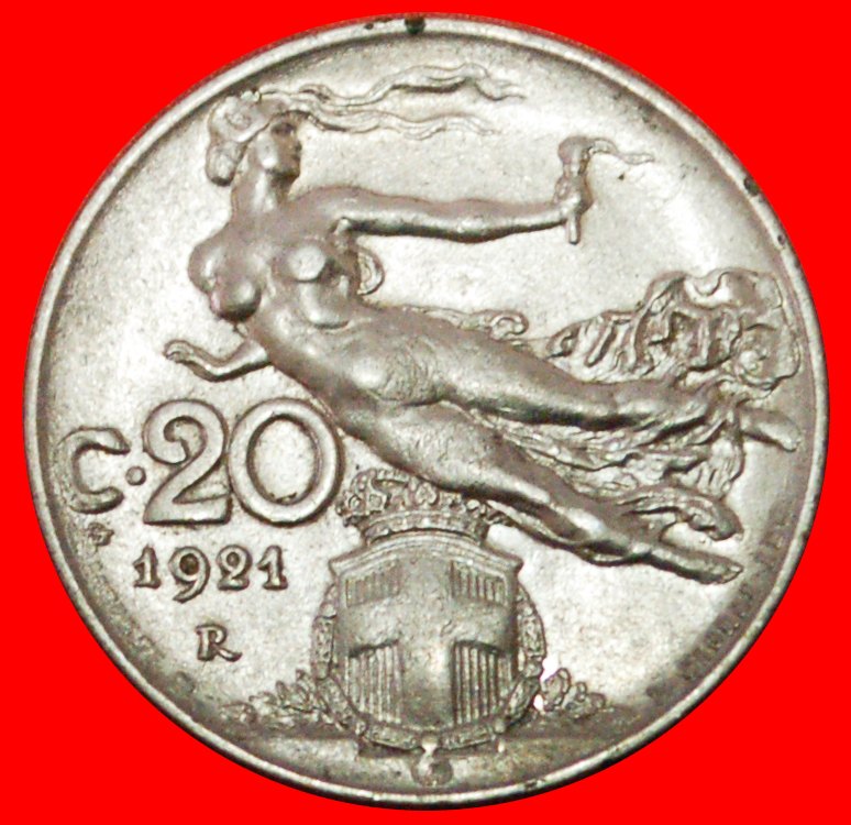  · FLYING TORCH (1907-1935): ITALY ★ 20 CENTESIMI 1921R MINT LUSTER! LOW START★ NO RESERVE!   