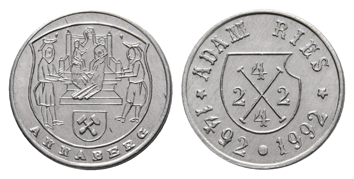  Annaberg, Bergbau-Medaille 1992; Aluminium, 0,84 g, Ø 20,5 mm   