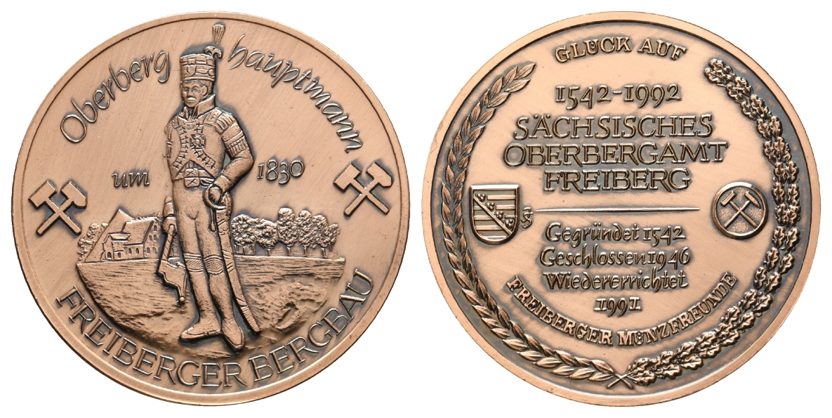  Freiberg, Bergbau-Medaille 1991; Kupfer zaponiert, 27,10 g, Ø 40,2 mm   