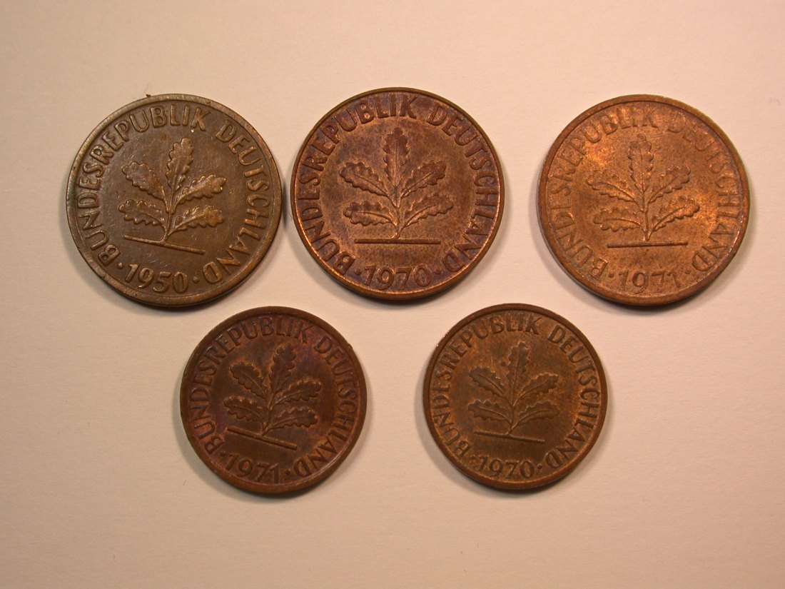  E22  BRD 2 x 1 Pfennig 1971 und 3 x 2 Pfennig 1950,70 und 71   Originalbilder   