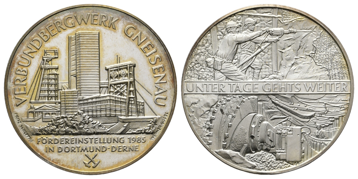  Gneisenau, Verbundbergwerk; Bergbau-Medaille 1985; 1000 AG, 39,50 g, Ø 50,2 mm   
