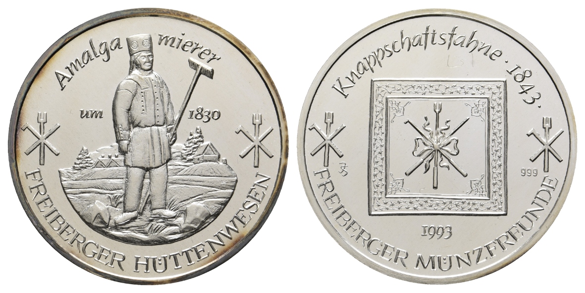  Freiberg, Bergbau-Medaille 1993; 999 AG, 31,21 g, Ø 40,0 mm   