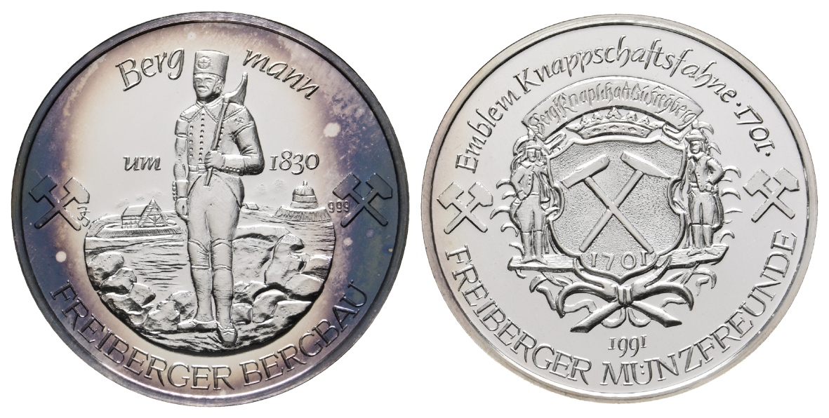  Freiberg, Bergbau-Medaille 1991; 999 AG, 31,02 g, Ø 40,0 mm   