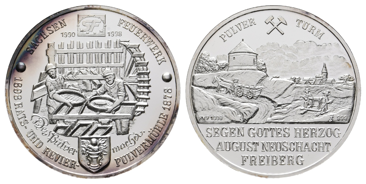  Freiberg, Bergbau-Medaille 1998; 999 AG, 31,26 g, Ø 39,9 mm   