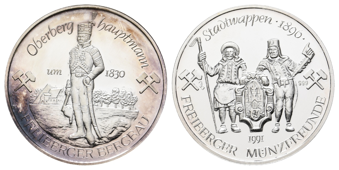  Freiberg, Bergbau-Medaille 1991; 999 AG, 31,22 g, Ø 40,1 mm   