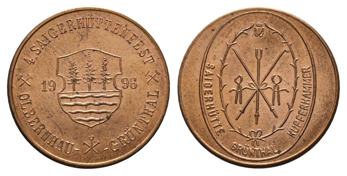  Olbernhau-Grünthal, Bergbau-Medaille 1996; Kupfer, 6,52 g, Ø 25,3 mm   