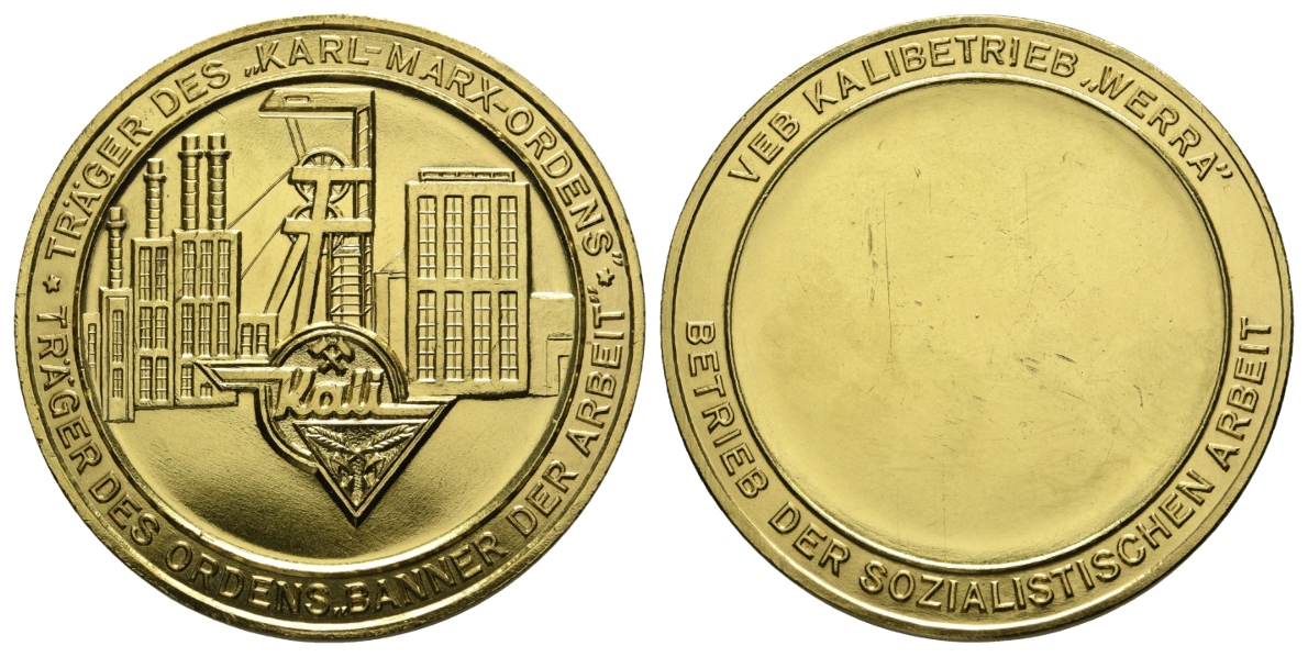  DDR, Bergbau-Medaille o.J.; vergoldet, 54,35 g, Ø 50,0 mm   