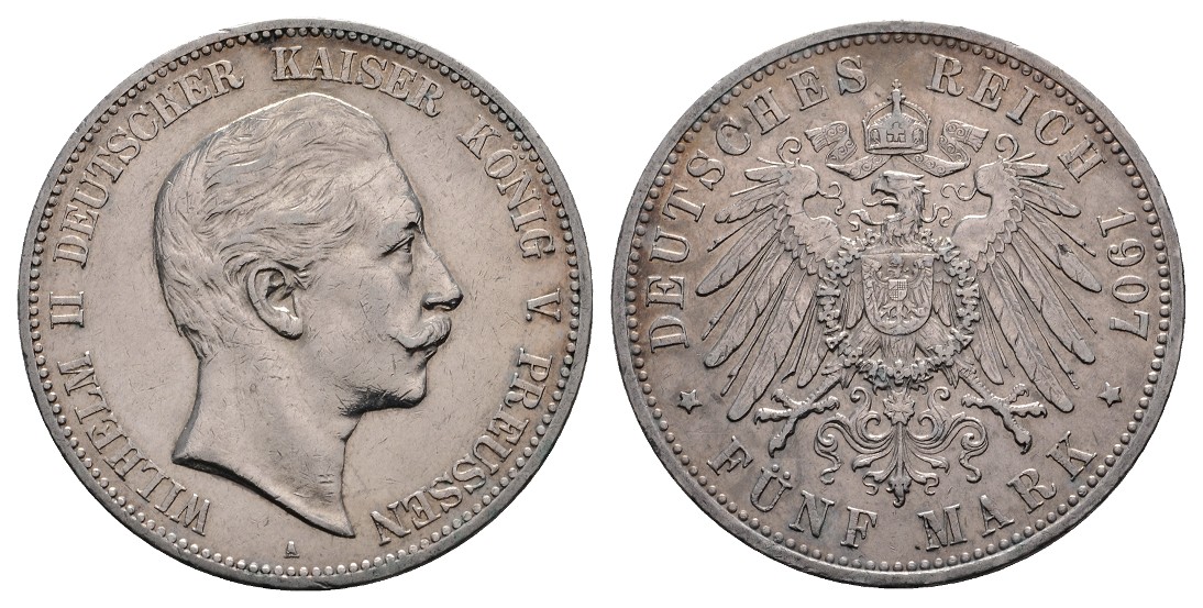  Linnartz KAISERREICH Preussen Wilhelm II. 5 Mark 1907, ss-vz   