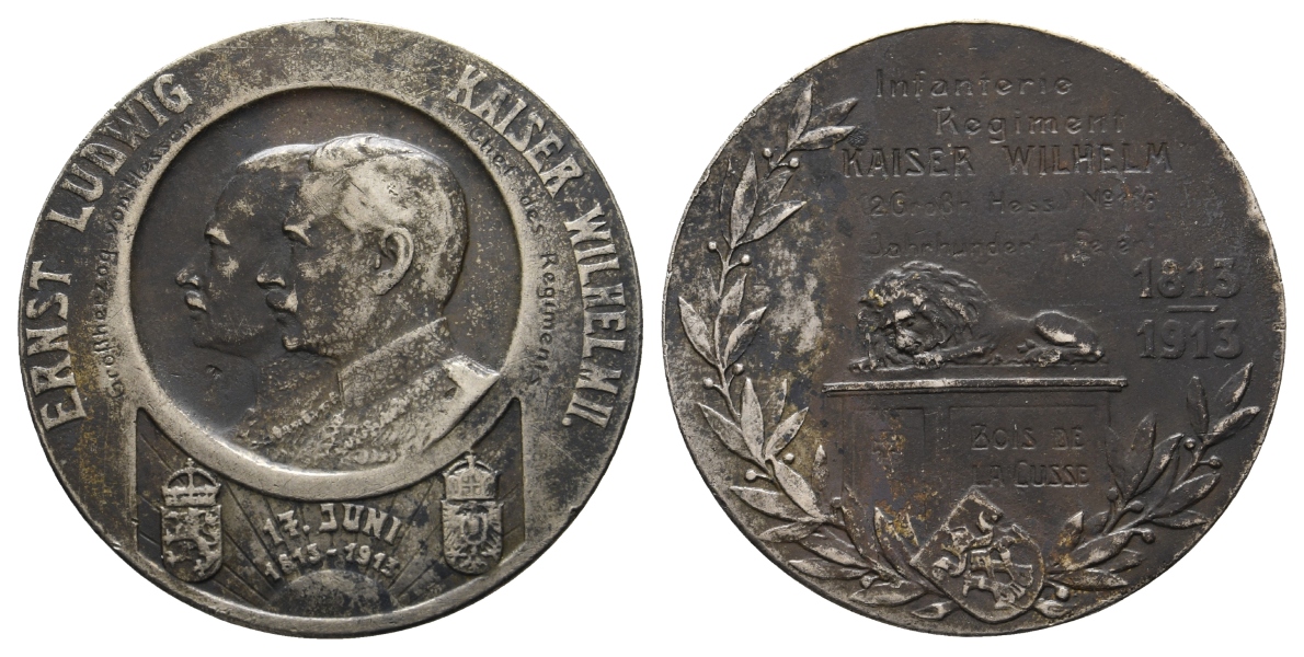  Wilhelm II. und Großherzog Ernst Ludwig, versilberte Medaille 1913; 20,8 g, Ø 40 mm, Henkelspur   