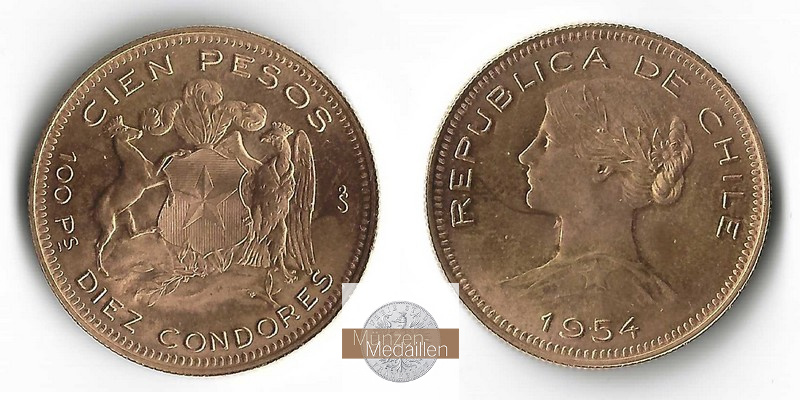 Chile MM-Frankfurt  Feingold: 18,30g 100 Pesos 1954 