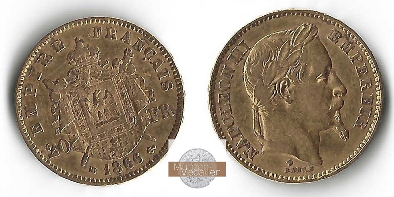Frankreich MM-Frankfurt Feingold: 5,81g 20 Francs 1866 
