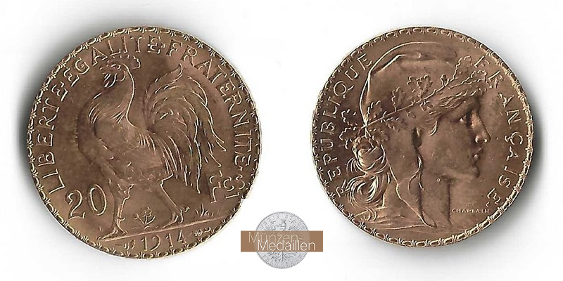 Frankreich MM-Frankfurt Feingold: 5,81g 20 Francs 1914 