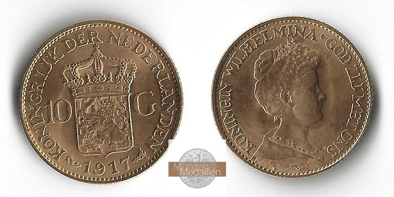 Niederlande MM-Frankfurt  Feingold: 6,06g 10 Gulden 1917 
