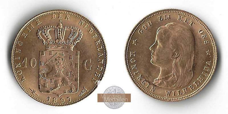 Niederlande MM-Frankfurt Feingold: 6,06g 10 Gulden 1897 