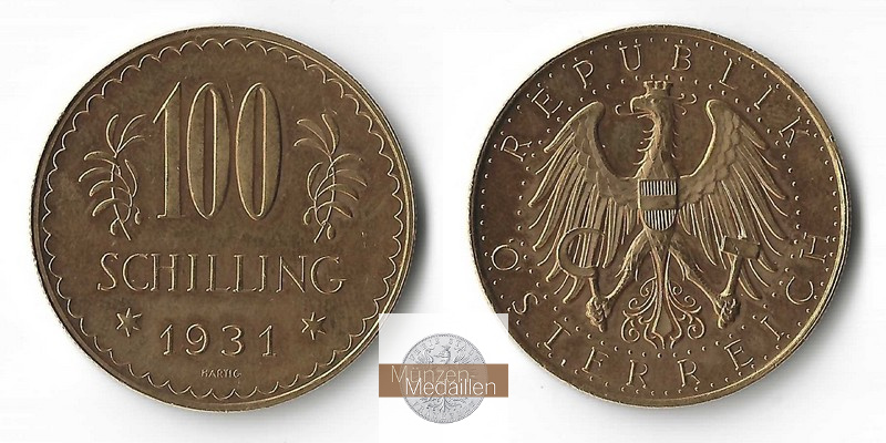 Österreich  100 Schilling  1931 MM-Frankfurt Feingold: 21,17g Adler mit Mauerkrone und Landeswappen auf der Brust 