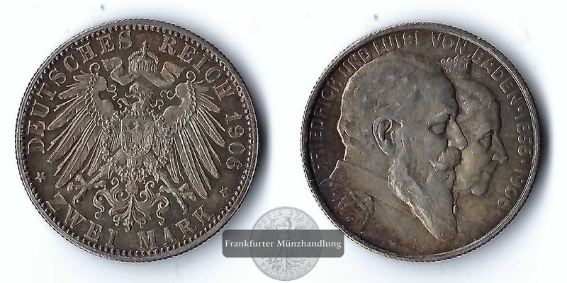  Baden, Kaiserreich  2 Mark  1906 Friedrich I. 1856-1907   FM-Frankfurt    Feinsilber: 10g   