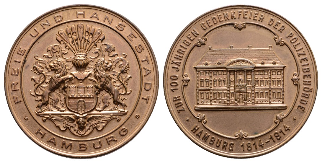  Linnartz Hamburg Bronzemed. 1914(unsign.), 100 Jahrfeier der Polizeibehörde, 45 mm, 39,6 Gr , f.st   