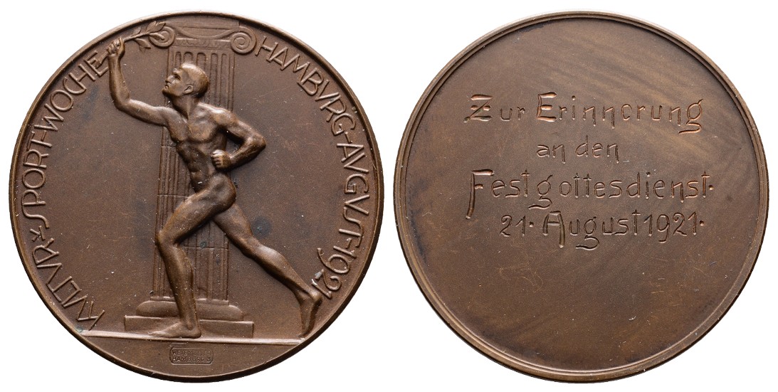  Linnartz Hamburg Bronzemed. 1921(v. Wesemüller), Kultursportwoche, 50 mm, 46,5 Gr , vz   