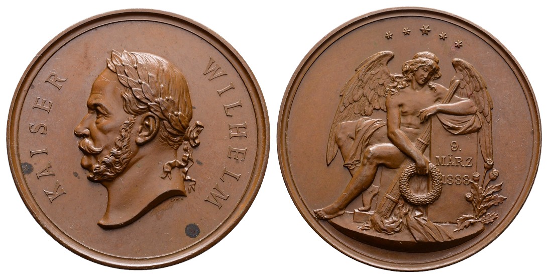  Linnartz Preussen, Wilhelm I., Bronzemedaille 1888 (v. Lauer) a.s. Tod, kl.Flecke 50,2mm 48,8g vz   