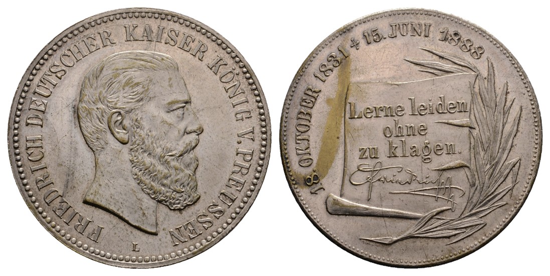  Linnartz Preussen, Friedrich III., Versilberte Bronzemed. 1888, 26,39 Gr., 40 mm, vz   
