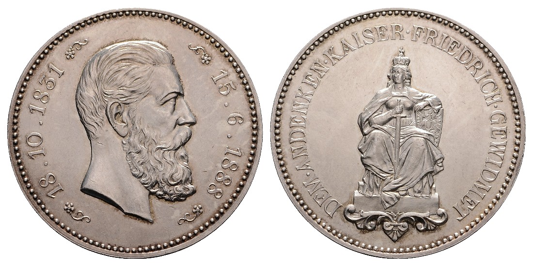  Linnartz Preussen Friedrich III. Silbermedaille 1888 a.s.Tod 40,6mm, 36 Gr., Fast stgl   