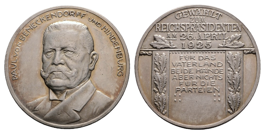  Linnartz Hindenburg Silbermedaille 1925 (Lauer) a.s. Wahl zum Reichspräsidenten 33 mm, 14,6 g,vz-st   