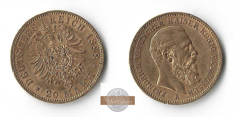 Preussen, Kaiserreich  20 Mark MM-Frankfurt Feingold: 7,17g Friedrich III. 1888 1888 A 