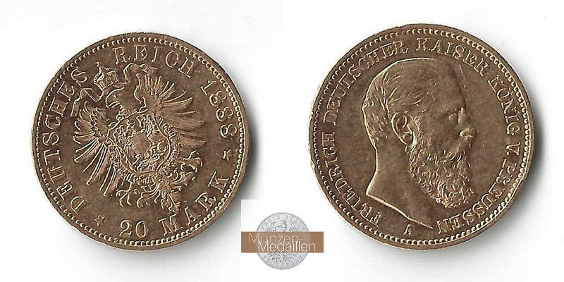 Preussen, Kaiserreich  20 Mark MM-Frankfurt Feingold: 7,17g Friedrich III. 1888 1888 A 