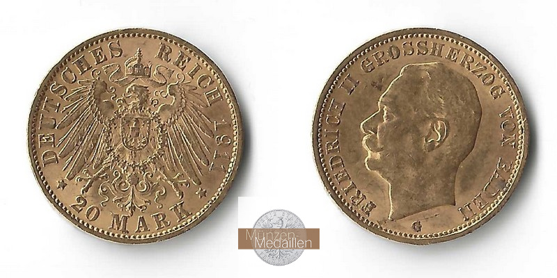 Baden, Kaiserreich  20 Mark MM-Frankfurt Feingold: 7,17g Friedrich II. 1907-1918 1911 G 