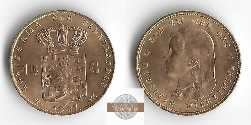 Niederlande MM-Frankfurt Feingold: 6,06g 10 Gulden 1897 