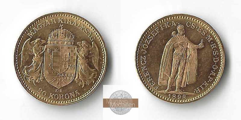 Ungarn MM-Frankfurt  Feingold: 6,10g 20 Kronen 1898 ss