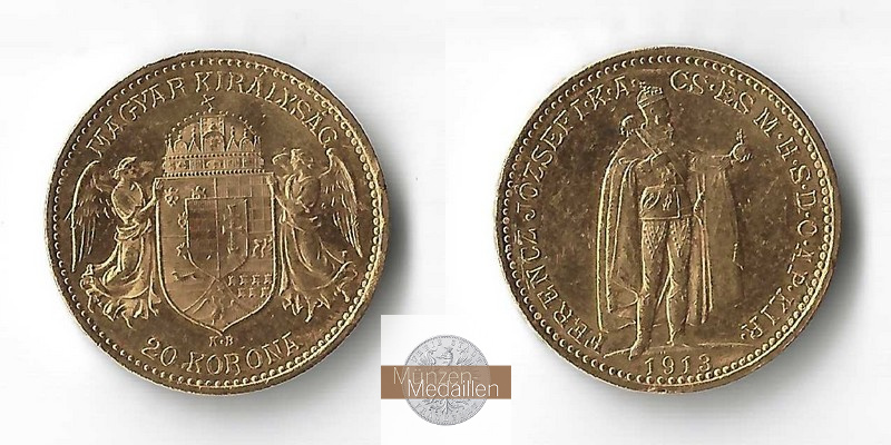 Ungarn MM-Frankfurt  Feingold: 6,10g 20 Kronen 1913 ss