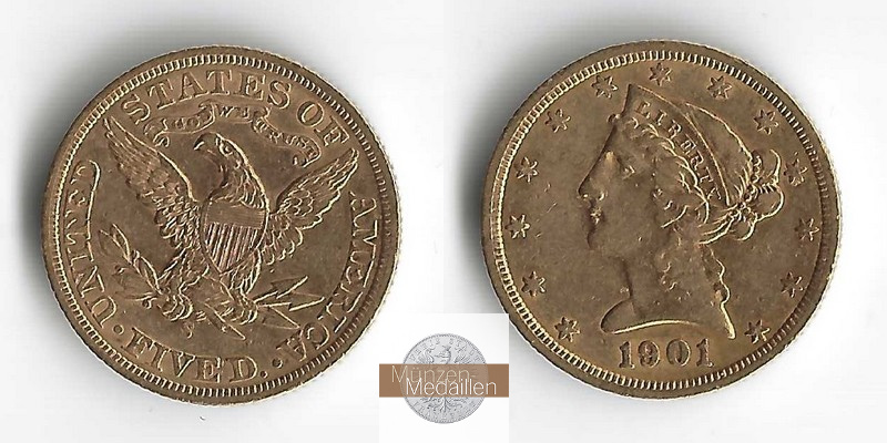 USA  5 Dollar MM-Frankfurt   Feingold: 7,52g Liberty 1901 
