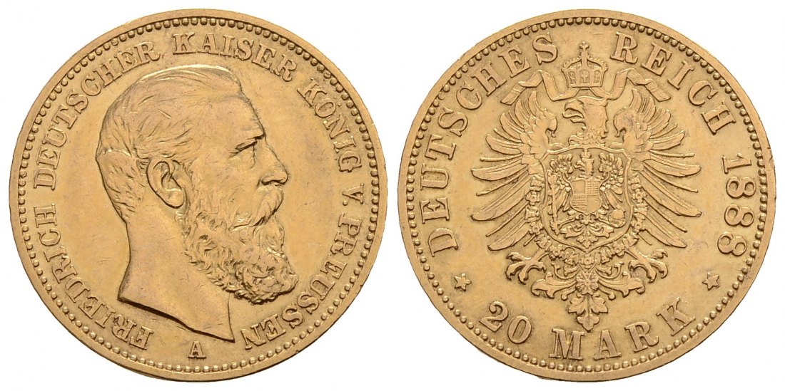 PEUS 4092 Kaiserreich - Preußen 7,16 g Feingold. Friedrich III.(09.03. - 15.06.1888) 20 Mark GOLD 1888 A Kl. Kratzer, Sehr schön +