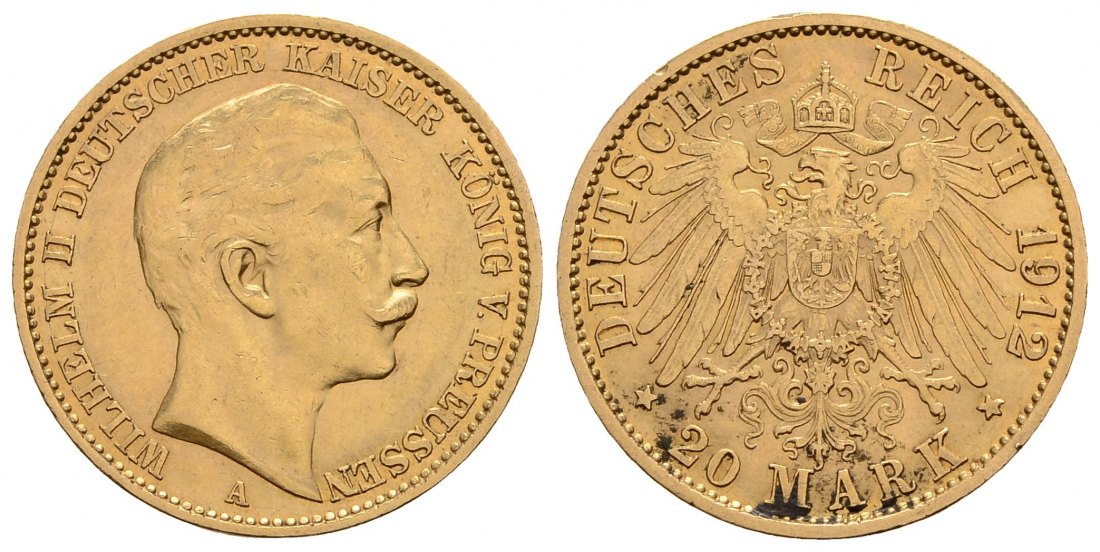 PEUS 4108 Kaiserreich - Preußen 7,17 g Feingold. Wilhelm II. (1888 - 1918) 20 Mark GOLD 1912 A Kl. Kratzer, Sehr schön/Sehr schön +