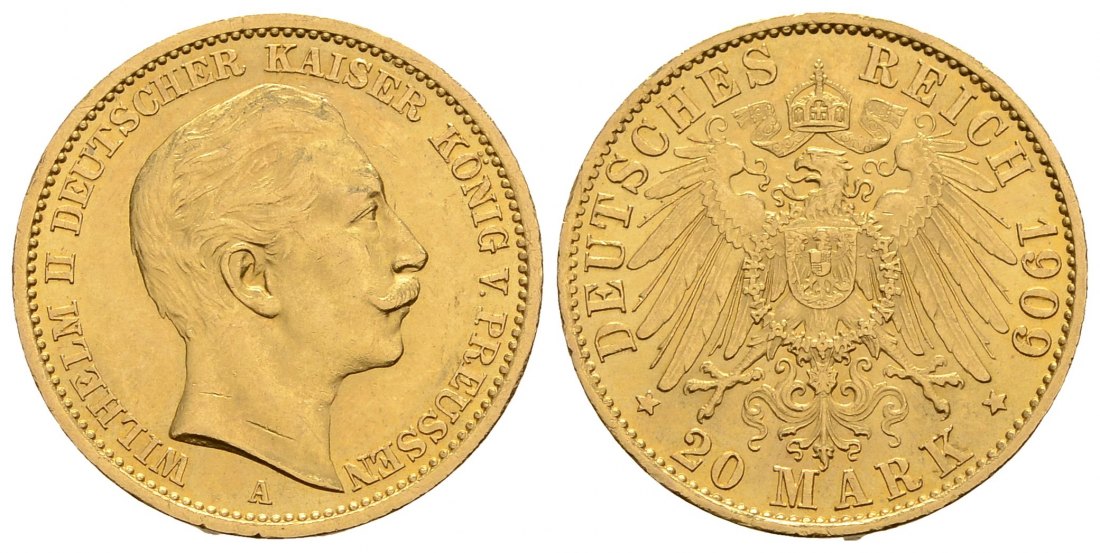 PEUS 4110 Preußen - Kaiserreich 7,16 g Feingold. Wilhelm II. (1888 - 1918) 20 Mark GOLD 1909 A Kl. Kratzer, Sehr schön/Sehr schön +