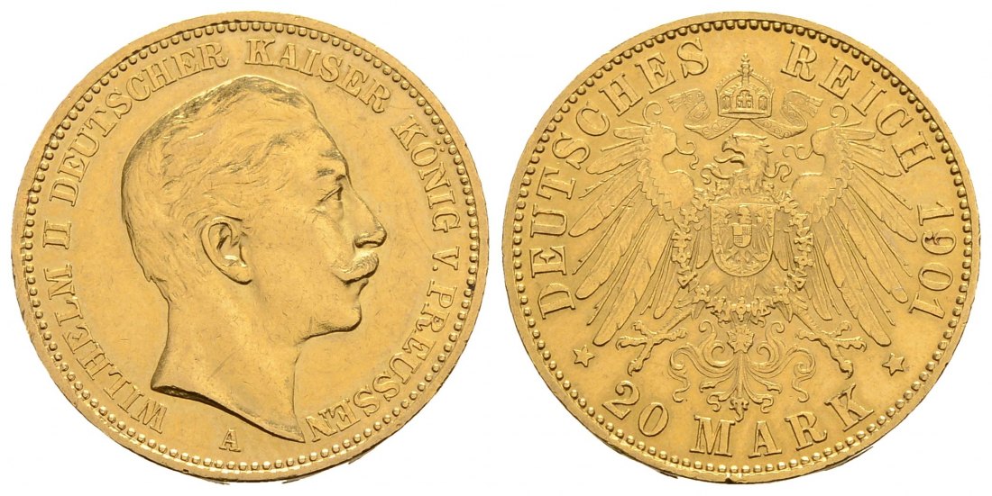 PEUS 4111 Kaiserreich - Preußen 7,16 g Feingold. Wilhelm II. (1888 - 1918) 20 Mark GOLD 1901 A Kl. Kratzer, fast Vorzüglich