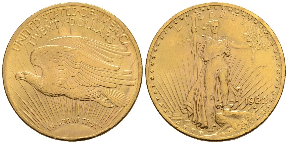 PEUS 4118 USA 30,1 Feingold. St. Gaudens 20 Dollars GOLD 1922 Sehr schön +