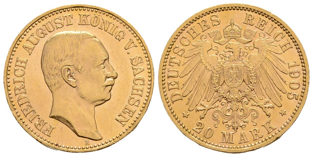 PEUS 4119 Sachsen - Kaiserreich 7,16 g Feingold. Friedrich August III. (1904 - 1918) 20 Mark GOLD 1905 E Muldenhüt Kl. Kratzer, Sehr schön / Vorzüglich