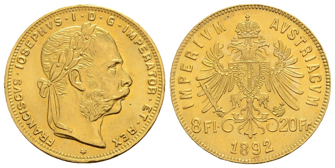 PEUS 4133 Österreich 5,81 g Feingold. Franz Joseph I. (1848 - 1916) 8 Gulden (NP) GOLD 1892 Fast Stempelglanz