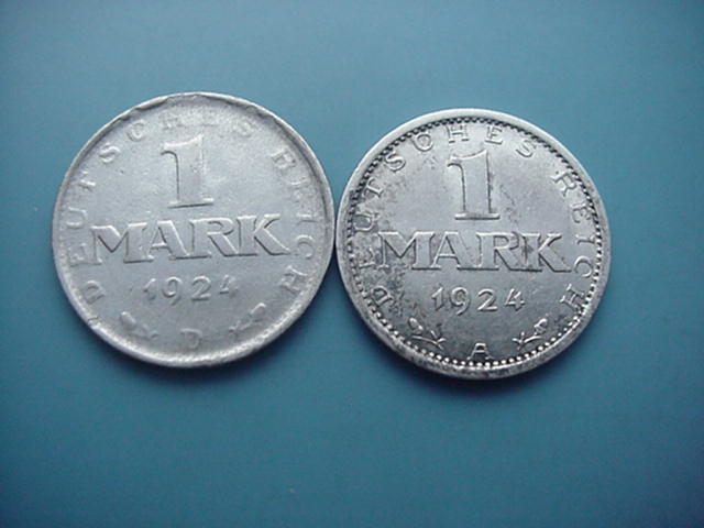 Weimarer Republik 1 Mark 1924 A und D-Silber
