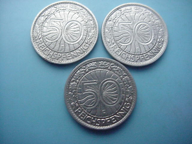 Weimarer Republik 3 x 50 Reichspfennig 1928 E/1928 F/1928 F
