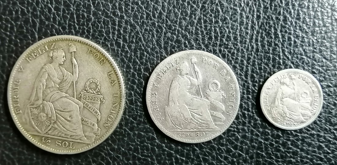  3 x Peru 1923, 1906, 1905 sitzende Freiheit von Schild und Säule flankiert alle Silber XXL Bilder   