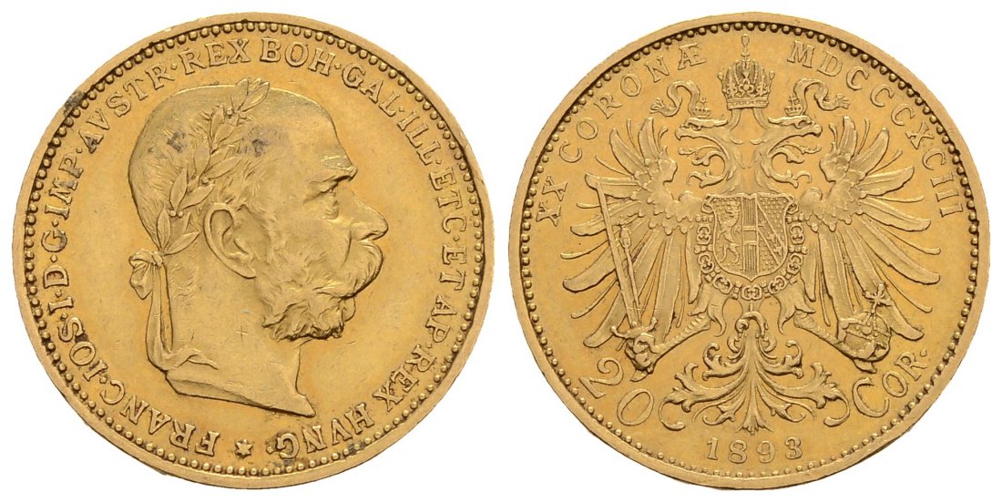 PEUS 4134 Österreich 6,10 g Feingold. Franz Joseph I. (1848 - 1916) 20 Kronen GOLD 1893 Sehr schön